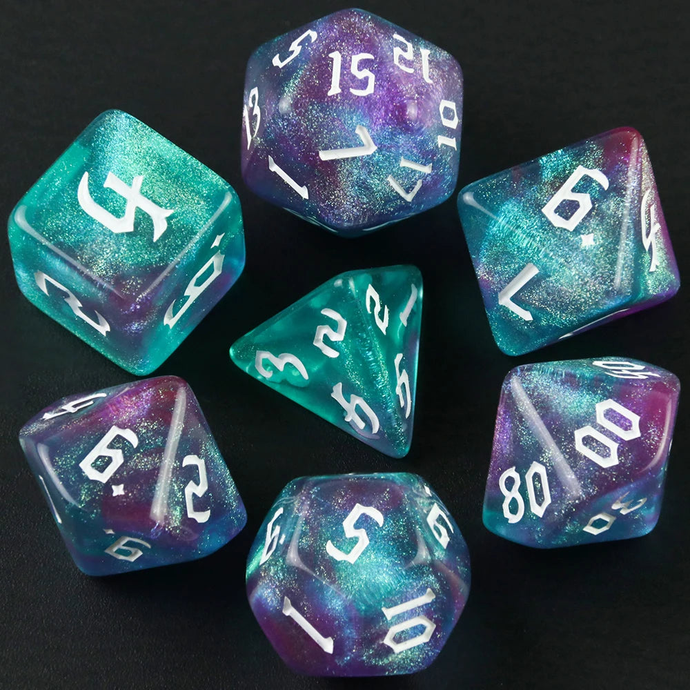 7 Pcs of New Double Colors Dice Polyhedral Gold Font Digital Dices Kit for TRPG RPG D20 D12 D10 D8 D6 D4 Table Game Board Gaming