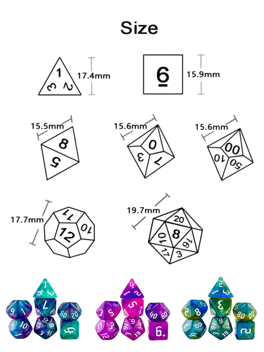 7 Pcs of New Double Colors Dice Polyhedral Gold Font Digital Dices Kit for TRPG RPG D20 D12 D10 D8 D6 D4 Table Game Board Gaming